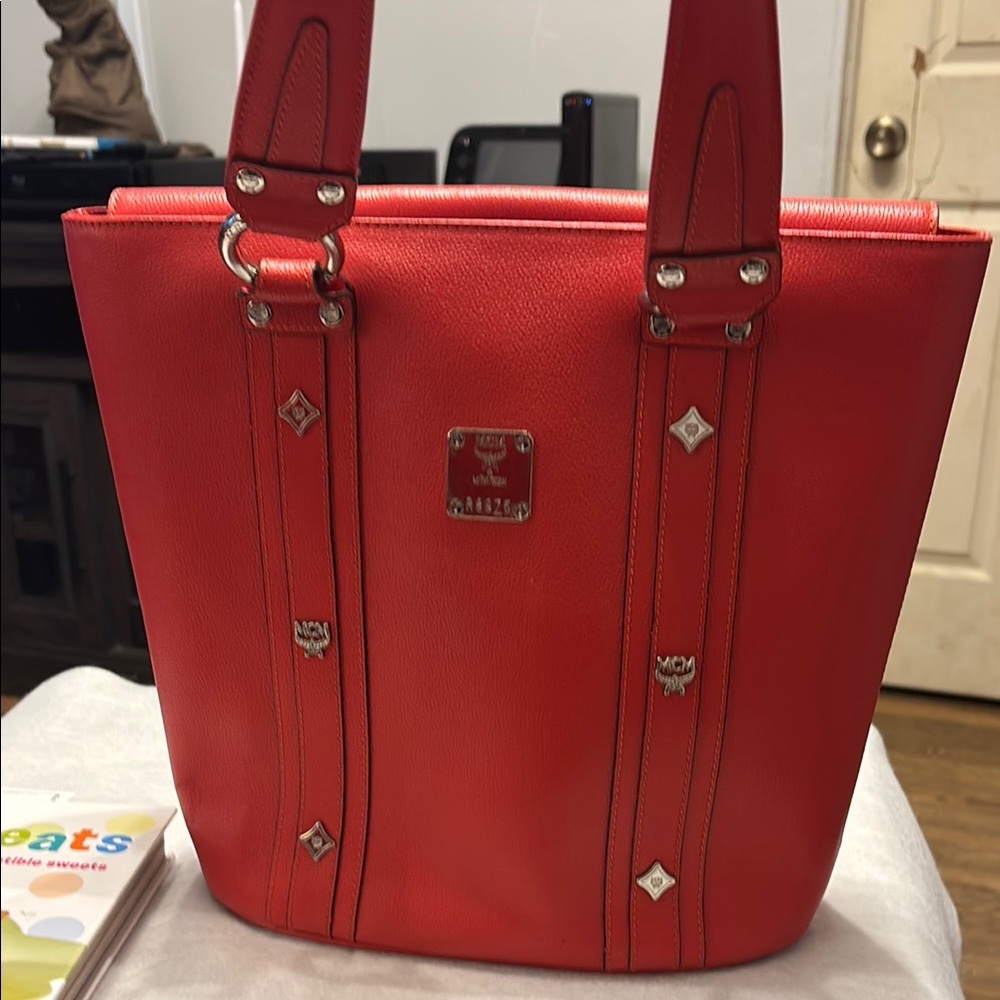 MCM Red Leather Tote Bag